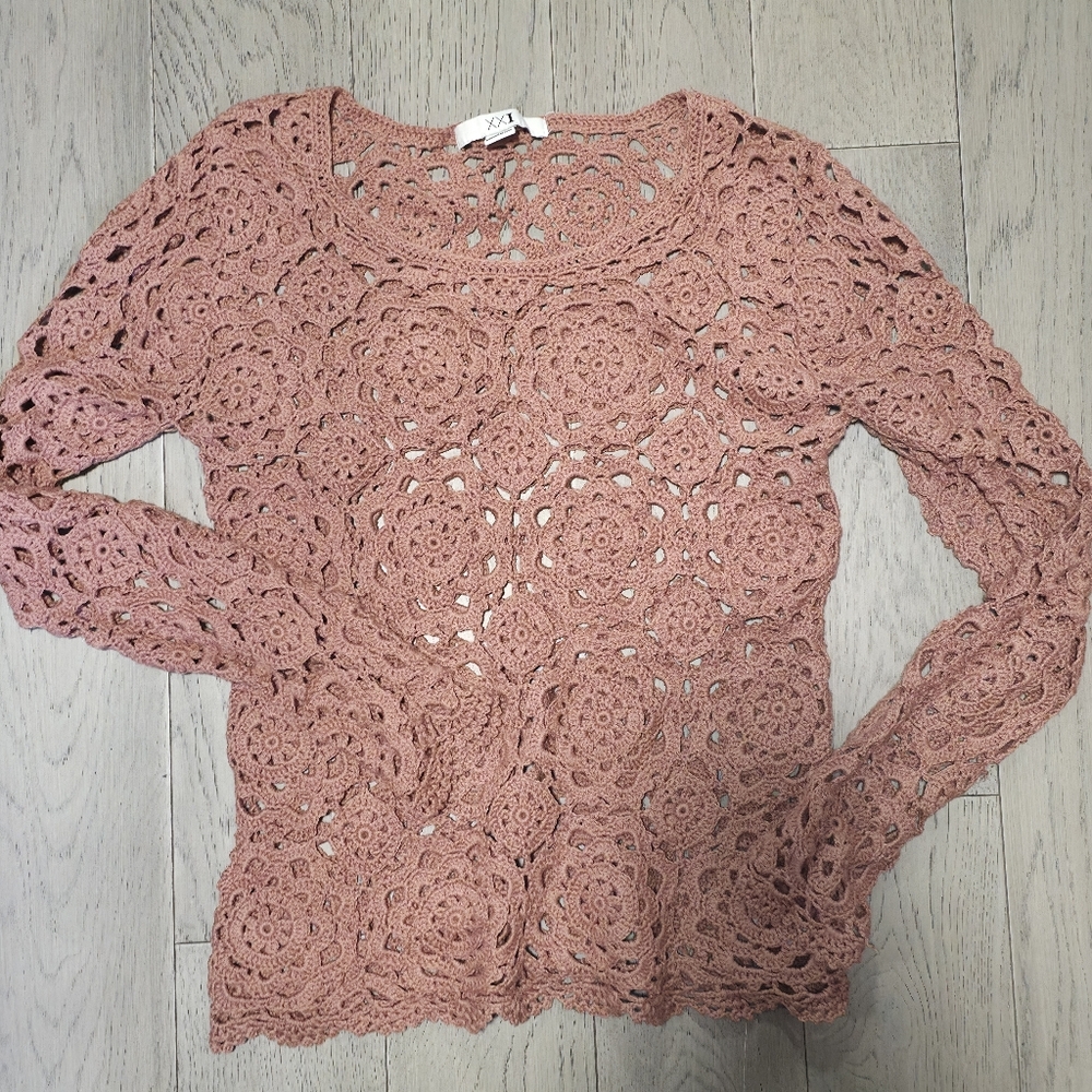 Forever 21 Pink Crochet Sweater - Crew Neck
